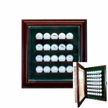 20 GOLF BALL WALL MOUNT GLASS DISPLAY CASE - WOOD CABINET