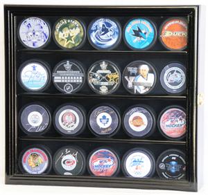 20 Hockey Puck Display Case Cabinet w/ UV acrylic door 20 FREE PLATES