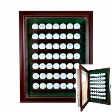 49 GOLF BALL WALL MOUNT GLASS DISPLAY CASE - WOOD CABINET