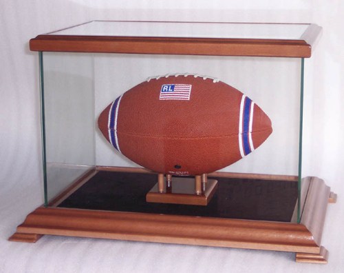 SINGLE FOOTBALL GLASS DISPLAY CASE WITH WOOD FRAME