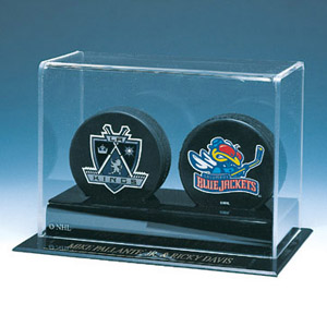 DOUBLE HOCKEY PUCK ACRYLIC DISPLAY CASE WITH NHL LOGO