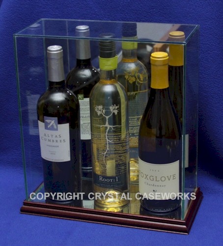 TRIPLE THREE (3) WINE BOTTLES GLASS DISPLAY CASE