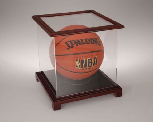 BASKETBALL ACRYLIC DISPLAY CASE WITH CHERRY WOOD FINISH TRIM
