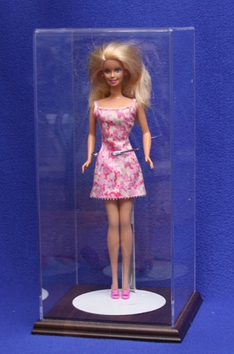 BARBIE DOLL SIZE ACRYLIC DISPLAY CASE WITH WOOD BASE