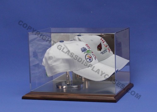 ETCHED GLASS BASEBALL CAP - HAT DISPLAY CASE - WOOD BASE CHOICE
