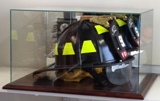 FIREFIGHTER - RESCUE HELMET GLASS DISPLAY CASE -  CHERRY FINISH WOOD BASE