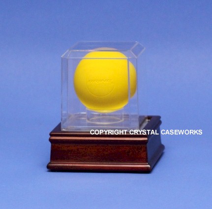 LACROSSE BALL ACRYLIC DISPLAY CASE - BUILT IN STAND - WOOD BASE