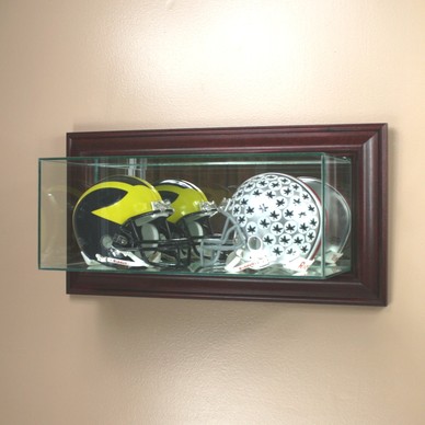 ETCHED GLASS DOUBLE 2 MINI HELMET DISPLAY CASE  WALL MOUNT