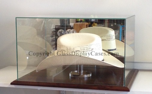 STETSON - COWBOY - WESTERN HAT GLASS DISPLAY CASE - CHERRY FINISH WOOD BASE